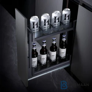 سوپر جا بطری زیر صفحه استیل و شیشه ریل از کف فانتونی، محصولی باکیفیت برای نظم‌دهی به کابینت‌های آشپزخانه.