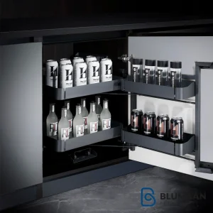 سوپر تاندم لولایی زیر صفحه اسلیم فانتونی، کشوی ریلی دو طبقه با آرام‌بند از برند فانتونی برای بهینه‌سازی فضای کابینت.