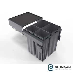 تصویر سطل 4 مخزنه ریلی آرامبند ملونی با طراحی مدرن و ریل آرامبند برای تفکیک زباله در آشپزخانه.