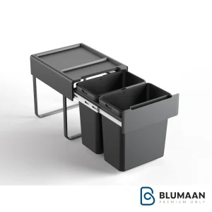 نمای نزدیک از سطل زباله زیر سینکی 2 مخزنه ملونی با درب آرام‌بند و دو مخزن مجزا برای تفکیک زباله.