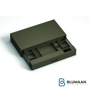 عکس باکیفیت از جای لوازم آرایش چرمی ریلی داخل کمد لباس یونی هوپر، با رنگ Oliver Green و طراحی شیک و مدرن.