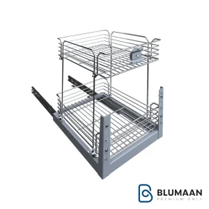تصویری از سبد چند منظوره دو طبقه پلاتین با طراحی زیبا و کاربردی برای نظم دهی به آشپزخانه و سایر فضاها.