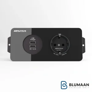 عکس پریز برق توکار FPO2.v2 فکتور، با بدنه فلزی مشکی و دو پورت USB.