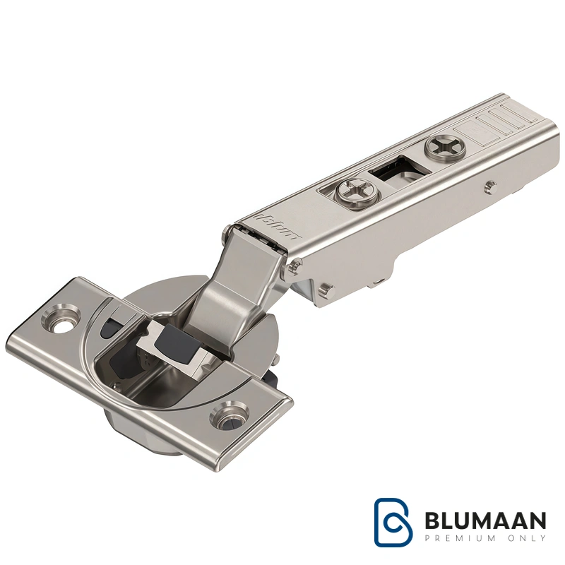 تصویر باکیفیت لولا 110 درجه پمپی بلوم، ساخت اتریش، مناسب برای انواع درب‌های کابینت و کمد.