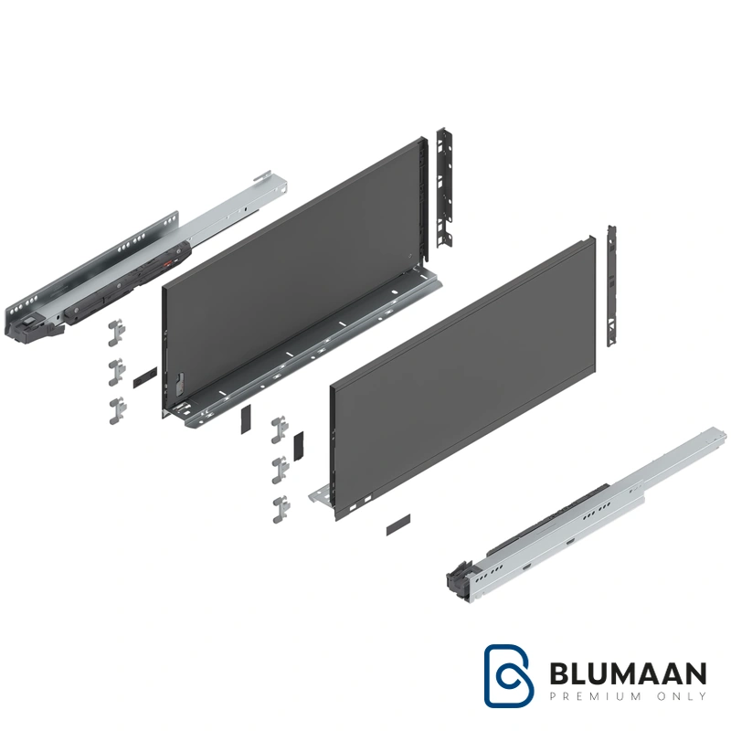 ریل لگراباکس بلوم با آرامبند و تیپان (فشاری) برای کشوهای مدرن و بی‌صدا.