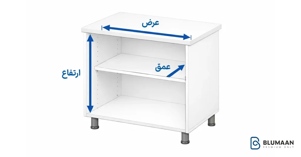 اینفوگرافیک اندازه‌گیری عرض، عمق و ارتفاع کابینت برای سطل زباله ریلی